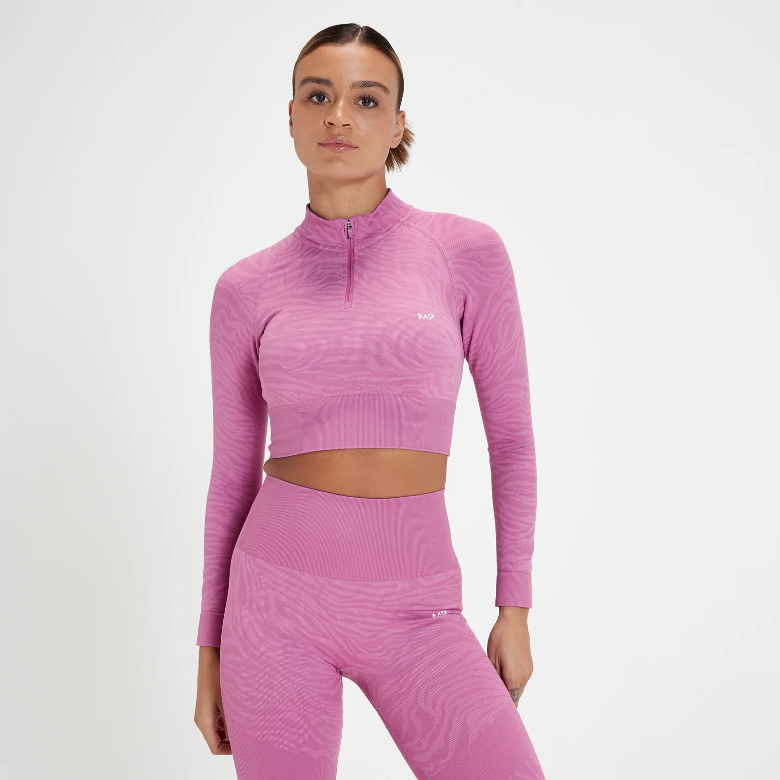 MP Women's Tempo Seamless 1/4 Zip Crop Top - Blossom Pink Zebra - XXS Image 1