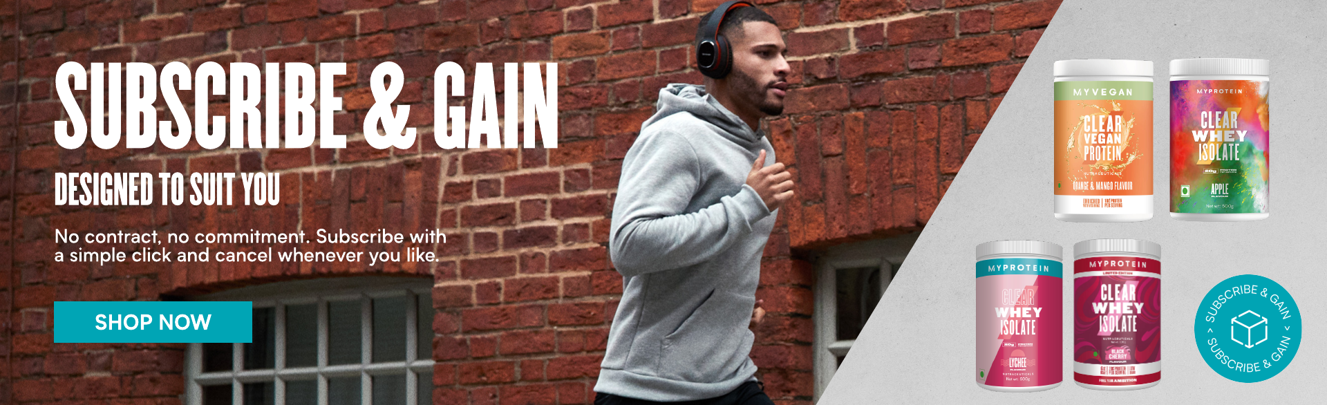 Image of man resting from working out, drinking from a Myprotein shaker with the words promoting 'subscribe and gain' feature from Myprotein.